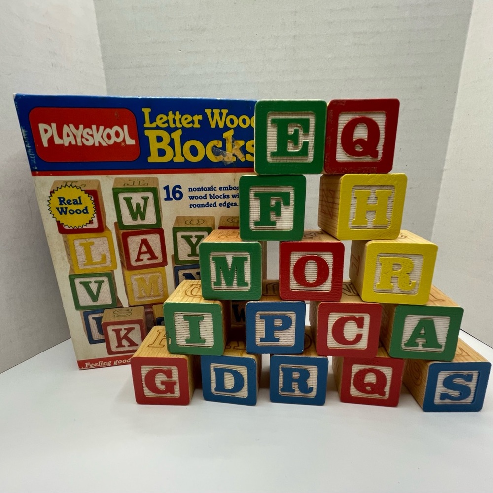 Vintage 1986 Playskool Letter Wood Blocks Set Embossed ABC Number Cubes Toy USA
